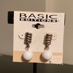 Basic Editions Silver Coil Earrings with White Beads